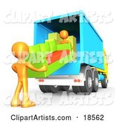 Two Orange Male Figures Lifting and Loading a Green and Orange Living Room Couch into a Blue Moving Truck, Symbolizing Teamwork