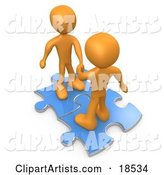 Two Orange People on Blue Puzzle Pieces, Engaging in a Handshake upon a Deal, Symbolizing Link Exchange and Teamwork