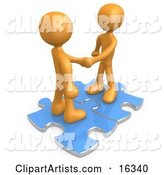 Two Orange People Shaking Hands While Standing on Connected Blue Puzzle Pieces, Symbolizing Teamwork, Deals, and Link Exchanges for Seo Website Marketing