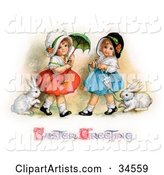 Two Sisters Walking Their Pet Rabbits on Leashes and Carrying Parasols on Easter