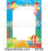 Underwater Stationery Border of a Friendly Sea Turtle, Tropical Fish, and Seahorse at a Coral Reef