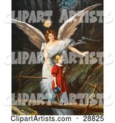 Vintage Valentine of a Female Guardian Angel Guiding a Little Girl in a Red Dress Across a Dangerous Log Bridge over a Gorge, Circa 1890