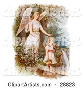 Vintage Valentine of a Female Guardian Angel Looking over a Little Girl As She Carries Flowers and a Basket Across a Log over a Cliff and River, Circa 1890