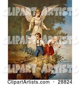 Vintage Valentine of a Female Guardian Angel Watching over a Little Boy and Girl As They Pick Flowers and Chase Butterflies at the Edge of a Cliff, Circa 1890