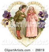Vintage Valentine of a Sweet Little Boy Trying to Woo a Little Girl in a Heart of Leaves and Pansy Flowers, Circa 1890