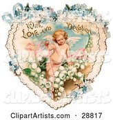 Vintage Valentine of Cupid with Ribbons, Prancing in White Lily of the Valley Flowers on a Lacy Heart with Forget Me Not Flowers, Circa 1890