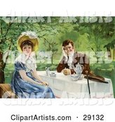 Vintage Victorian Couple Drinking Tea Outdoors on a Nice Day, the Woman Looking Away from the Man, Circa 1830