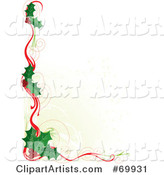 White Background Bordered in Christmas Holly and Ribbons