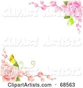 White Background with Corners of Pink Roses and Butterflies