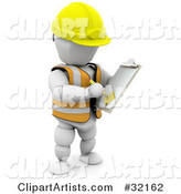 White Character in a Hardhat and Vest, Taking Notes on a Clipboard in a Construction Zone