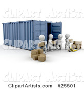 White Characters Working Together to Move a Shipment of Boxes from a Freight Container to a Pallet Truck
