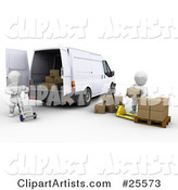 White Characters Working Together with a Dolly and Pallet Truck to Load Shipping Boxes into a Delivery Van