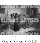 Woman Feeding and Leaning Against a Horse While a Dog Watches and a Kitten Plays, a Man Standing in the Background