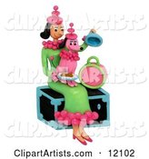Woman Holding Pink Poodle with Matching Outfit Sitting on Trunk