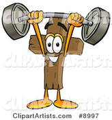 Wooden Cross Mascot Cartoon Character Holding a Heavy Barbell Above His Head