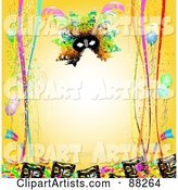 Yellow Background Bordered with Carnival Masks, Confetti, Ribbons and Balloons