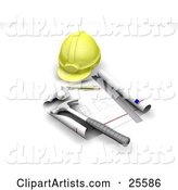 Yellow Hardhat, Blueprints, Ruler, Pencil and Hammer