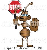 Ant Bug Mascot Cartoon Character with His Hand Out, Holding a Stop Sign