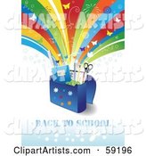 Back to School Background with Supplies in a Bag Under a Shooting Rainbow with Fireworks and Butterflies
