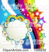 Background of a Rainbow Swoosh with Colorful Stars and a Floral Cloud Frame