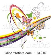 Background of Colorful Butterflies, Circles, Swooshes and Rainbows, on White