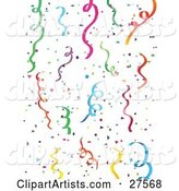 Background of Colorful Green, Blue, Purple, Pink, Yellow and Orange Party Streamers and Confetti over a White Background