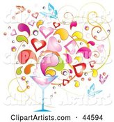 Background of Colorful Splashes, Hearts and Butterflies Emerging from a Martini Glass
