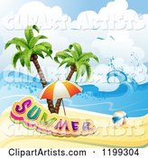 Ball and Beach Umbrella with Summer Text over a Tropical Beach and Palm Trees