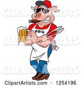 Bbq Pig Chef Holding Tongs, Wearing Sunglasses, Smoking a Cigar and Holding a Beer