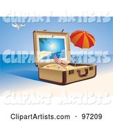 Beach Chair and Umbrella in a Suitcase of Sand on a Tropical Beach