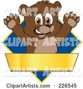 Bear Cub School Mascot Logo over a Blue Diamond and Blank Gold Banner