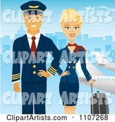 Beautiful Blond Female Flight Attendant Posing with Luggage and a Pilot near Planes with a Blue City