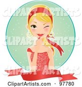 Beautiful Blond Woman in a Red Dress, Applying Lipstick over a Circle and Blank Banner