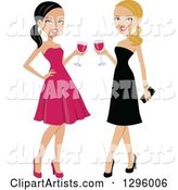 Beautiful Brunette and Blond Caucasian Women Toasting with Red Wine