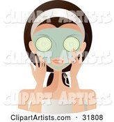 Beautiful Brunette Caucasian Woman with Green Eyes, Facing Front, Applying a Mask and Holding Cucumbers over Her Eyes