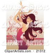 Beautiful Caucasian Woman with Long Hair, Wearing a Pink Dress and Moving Her Arms Above Her Head While Dancing