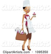 Beautiful Chef Woman Carrying a Cupcake and Bag of Kitchen Utensils