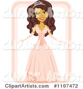 Beautiful Hispanic Girl in a Quinceanera Dress and Tiara on White and Pink