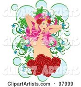 Beautiful Nude Pink Haired Woman with Roses and Bubbles