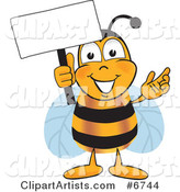 Bee Mascot Cartoon Character Holding a Blank White Sign