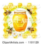 Bees over Honeycombs with a Daisy Frame and Jar of Natural Honey