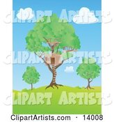 Big Tree House in a Lush Tree on a Hill Under a Blue Sky with Puffy White Clouds