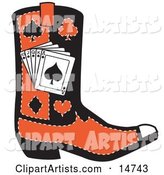 Black and Red Cowboy Boot with Playing Cards and Silhouettes of a Spade, Club, Diamond and Heart