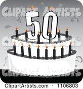 Black and White 50th Birthday Cake with Candles and Confetti on a Gray Square