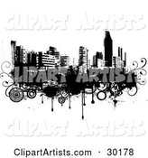 Black and White City Skyline on Grunge with Drips and Circles