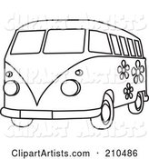 Black and White Coloring Page Outline of a Floral Hippie Bus Van