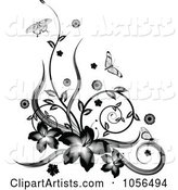 Black and White Floral Vine Corner Design with Butterflies