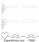Black and White Heart and Scroll Corner Border on a White Background