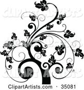 Black and White Leafy Scroll Tree Design
