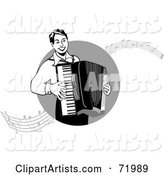 Black and White Man Playing an Accordian with Music Notes